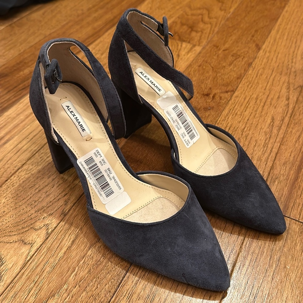 Blue suede chunky block heel ankle strap shoes